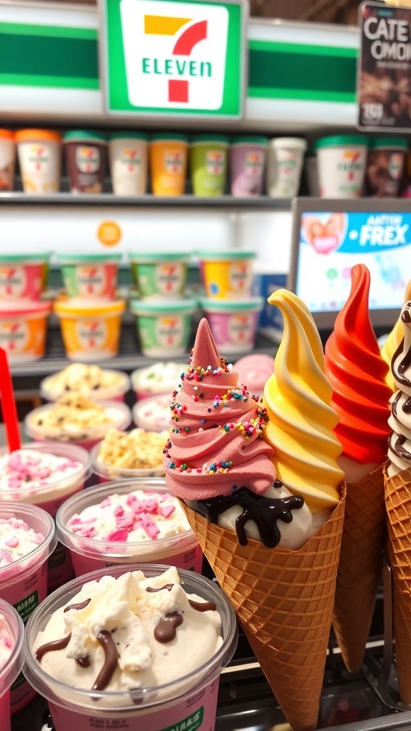 A selection of ice cream pints and cones at 7-Eleven, showcasing various flavors and toppings.